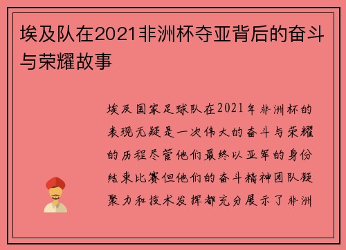 埃及队在2021非洲杯夺亚背后的奋斗与荣耀故事 埃及队在2021非洲杯夺亚背后的奋斗与荣耀故事